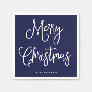 Serviette En Papier Joyeux Noël Script manuscrit sur Navy Blue