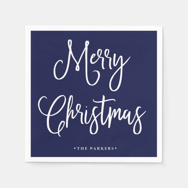 Serviette En Papier Joyeux Noël | Script manuscrit sur Navy Blue (Devant)