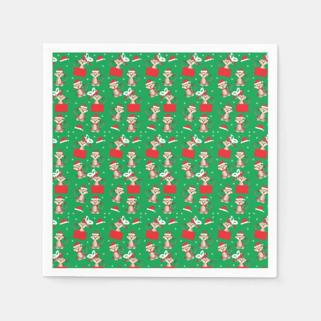 Serviette En Papier Joyeux Noël Singe Motif Elf Père Noël Red (Devant)