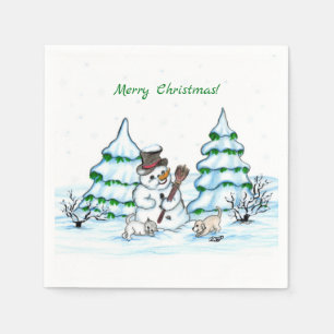 Serviette En Papier Joyeux Noël ! Snowman avec chat et chiot