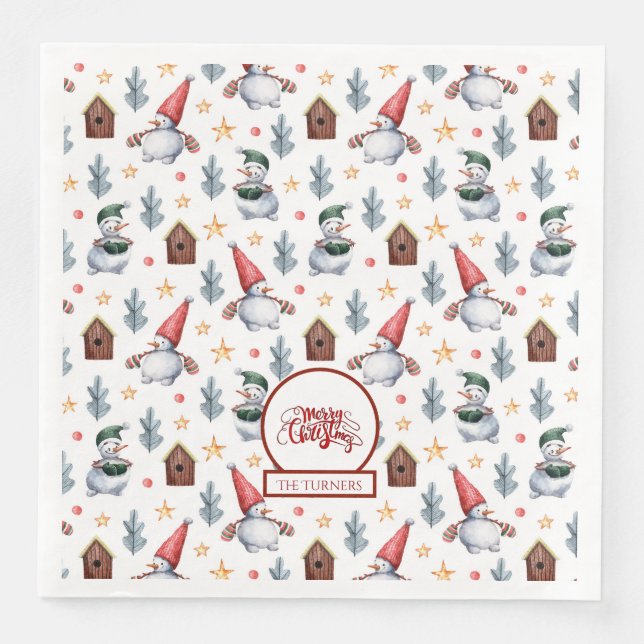 Serviette En Papier Joyeux Noël Snowman Snowflakes Monogramme (Devant)