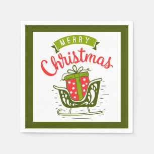 Serviette En Papier Joyeux Noël Traîneau Cadeau Rouge Vert Festif