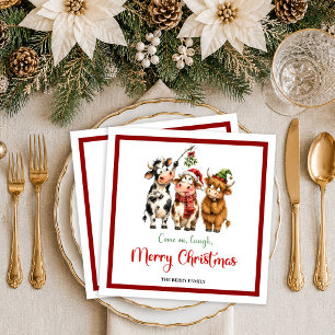 Serviette En Papier Joyeux Noël vache drôle dessin animé ludique rouge