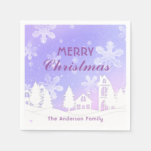 Serviette En Papier Joyeux Noël violet Maison Blanche Snowflakes (Devant)