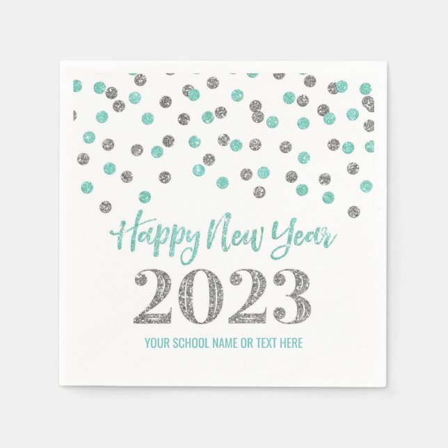 Serviette En Papier Joyeux Nouvel An Turquoise Silver Confetti 2023 (Devant)
