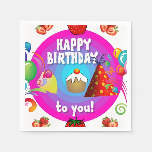 Serviette En Papier Joyeux Papier d'anniversaire serviettes, fraise (Devant)
