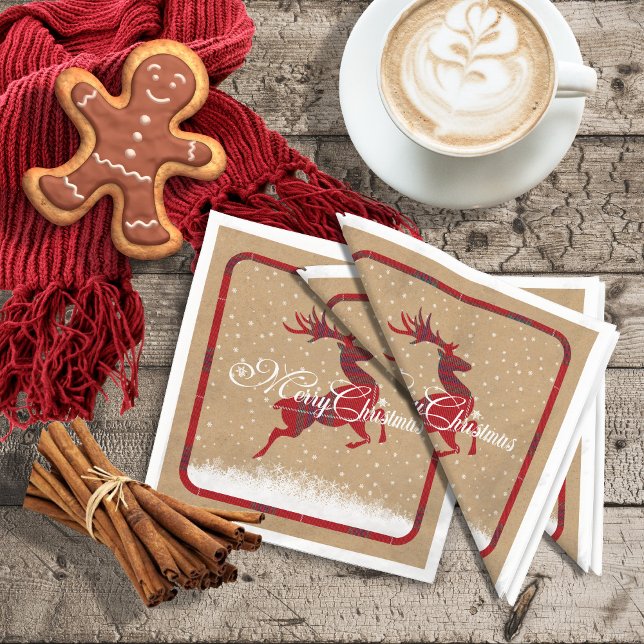 Serviette En Papier Joyeux rennes de Noël Tartan Rouge/Kraft ID590 (Créateur téléchargé)