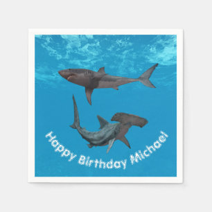 Serviette En Papier Joyeux requin d'anniversaire Grand marteau blanc