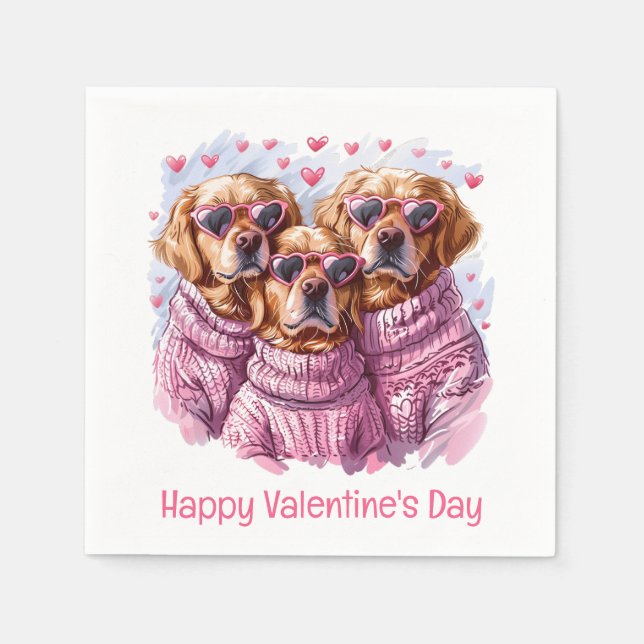 Serviette En Papier Joyeux Valentines Day Golden Retriever Dogs (Devant)
