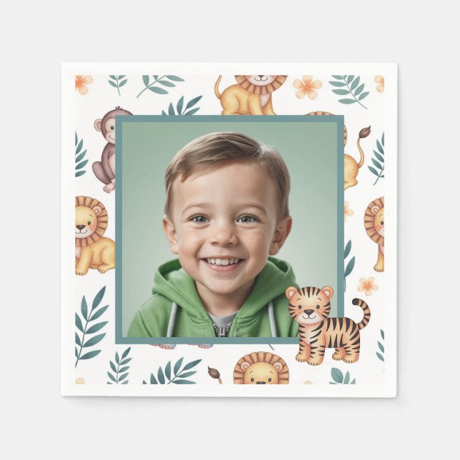 Serviette En Papier Jungle Safari Animals Birthday with Photo (Devant)