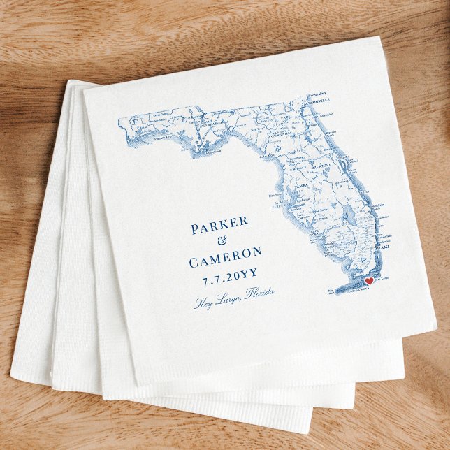 Serviette En Papier Key Largo Floride Carte Mariage élégant (These Key Largo Florida map wedding napkins add a touch of navy blue elegance to your reception)