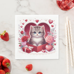 Serviette En Papier Kitten assis en boîte avec des fleurs et des cadea