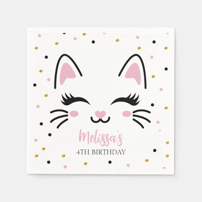 Serviette En Papier Kitty Chat rose or fête d'anniversaire (Devant)