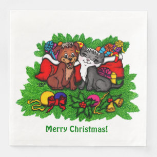 Serviette En Papier Kitty et chiot, Happy XMas