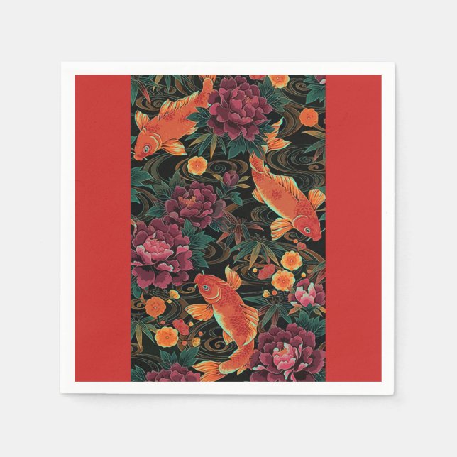 Serviette En Papier Koi et Peonies Papier Napkin (Devant)