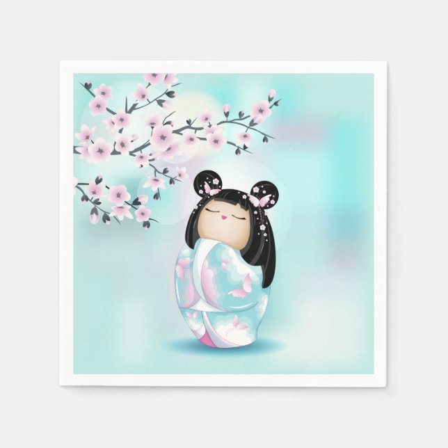 Serviette En Papier Kokeshi Poupée rose Turquoise filles (Devant)