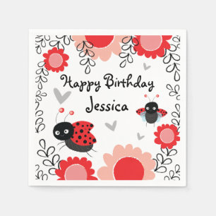 Serviette En Papier Ladybug Pink and Red Floral Bithday Party