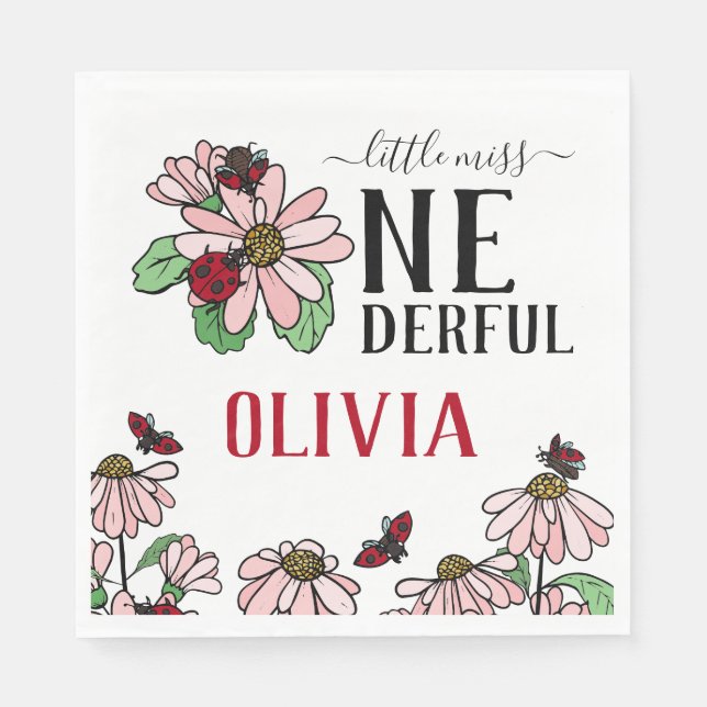 Serviette En Papier Ladybugs Pink Daisies Onederful Birthday Party (Devant)