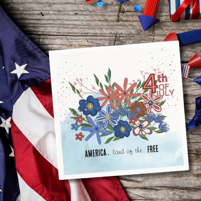 Serviette En Papier "L'Amérique Terre des Libres" 4 juillet Floral (America Land of the Free_ 4th of July Floral Napkins)