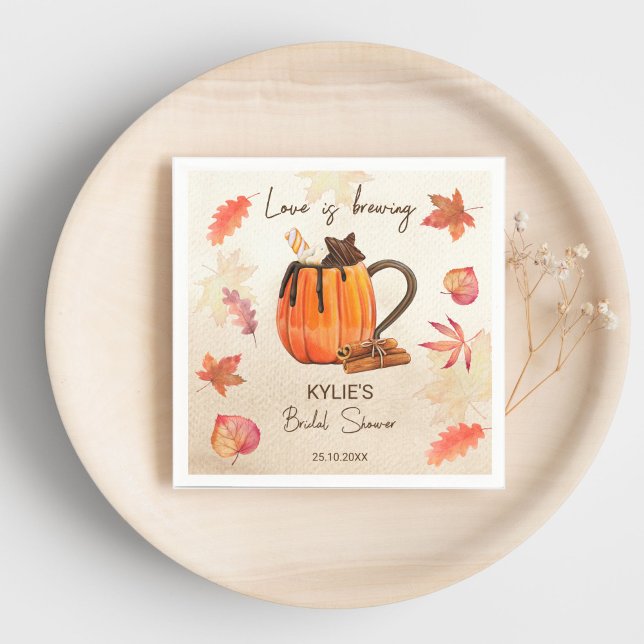 Serviette En Papier L'amour est en train de préparer la douche nuptial (Love is brewing fall bridal shower monogrammed printed napkins pumpkin mug spices maple leaves)