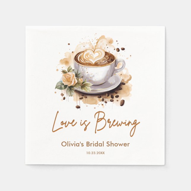 Serviette En Papier L'Amour Floral se Prépare Mariage Marron Café  (Devant)