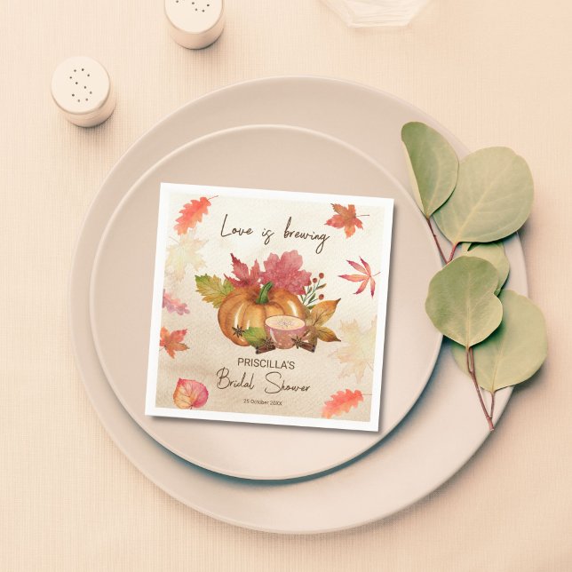 Serviette En Papier L'amour se prépare shower de mariage automnal d'au (Love is brewing fall autumn bridal shower monogrammed customized napkins template personalized decor)