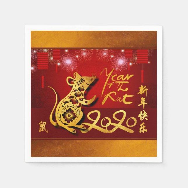 Serviette En Papier Lanternes chinoises Feu d'artifice Rat Année 2020  (Devant)