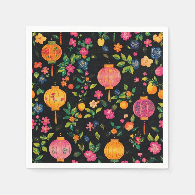 Serviette En Papier Lanternes chinoises lumineuses sur noir (Devant)