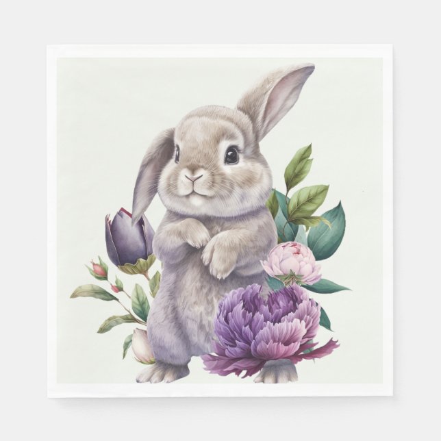 Serviette En Papier Lapin De Pâques Et Fleurs De Peonies (Devant)