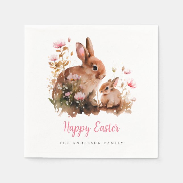 Serviette En Papier Lapin de Pâques floral aquarelle (Devant)
