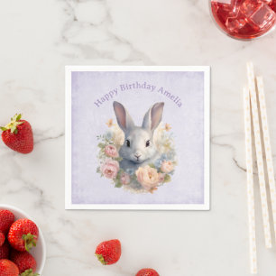 Serviette En Papier Lapin Entouré de Fleurs Pastel Joyeux Anniversaire