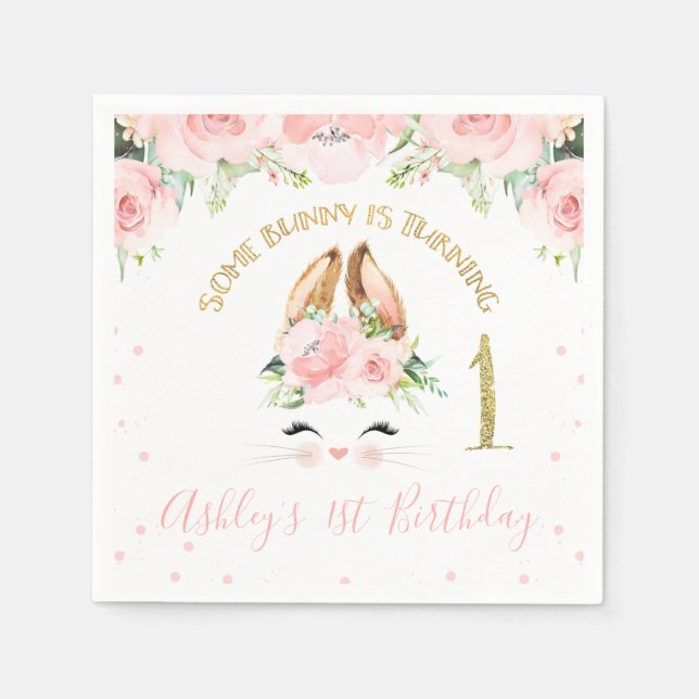Serviette En Papier Lapin rose Floral Face 1er Anniversaire Papier (Devant)