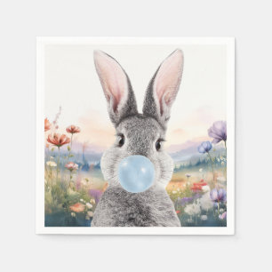 Serviette En Papier Lapin soufflant un bubble gum bleu avec des fleurs