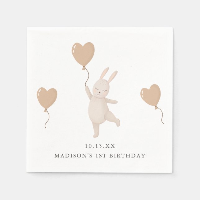 Serviette En Papier Lapin sucré avec ballon de coeur 1er fête d'annive (Devant)