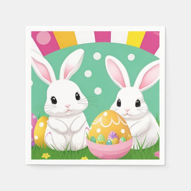 Serviette En Papier Lapins de Pâques adorables avec des œufs décoratif (Devant)