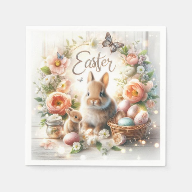 Serviette En Papier Lapins de Pâques, Oeufs, Fleurs et Papillons (Devant)