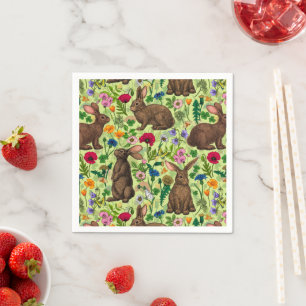 Serviette En Papier Lapins et fleurs sauvages sur le vert miel