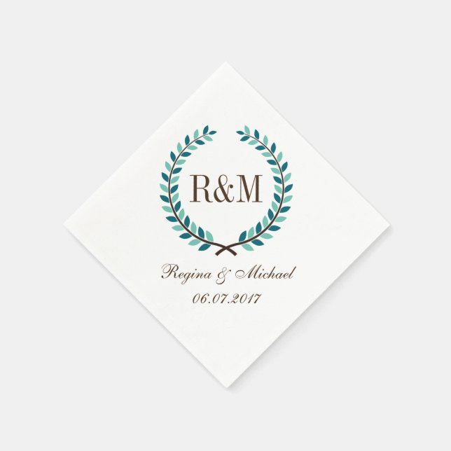 Serviette En Papier Laurel Wreath Monogram Mariage Napkin Bleu Blanc (Coin)