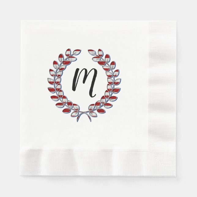 Serviette En Papier Laurel Wreath Monogramme Motif à rayures rouges (Devant)