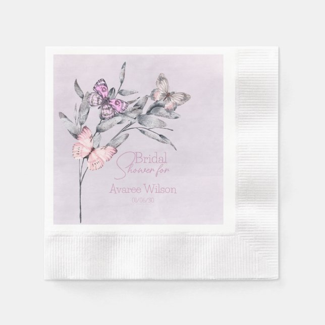 Serviette En Papier Lavande Aquarelle Leaf et Papillons Mariée (Devant)