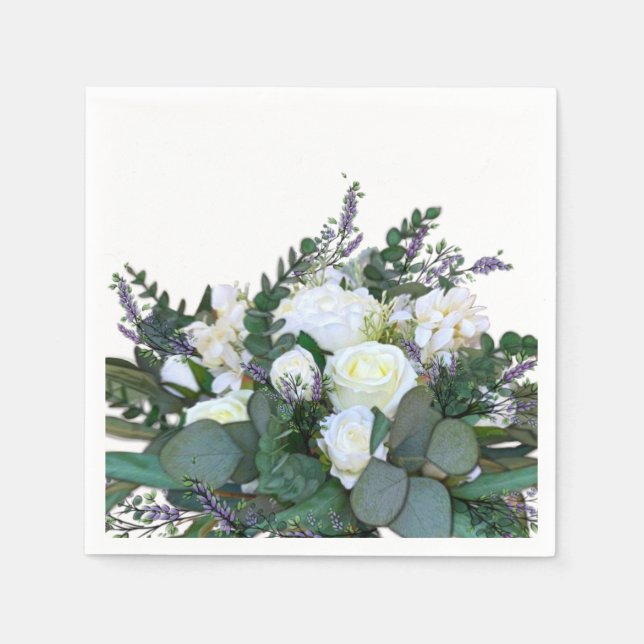 Serviette En Papier Lavande Eucalyptus blanc roses verdure (Devant)