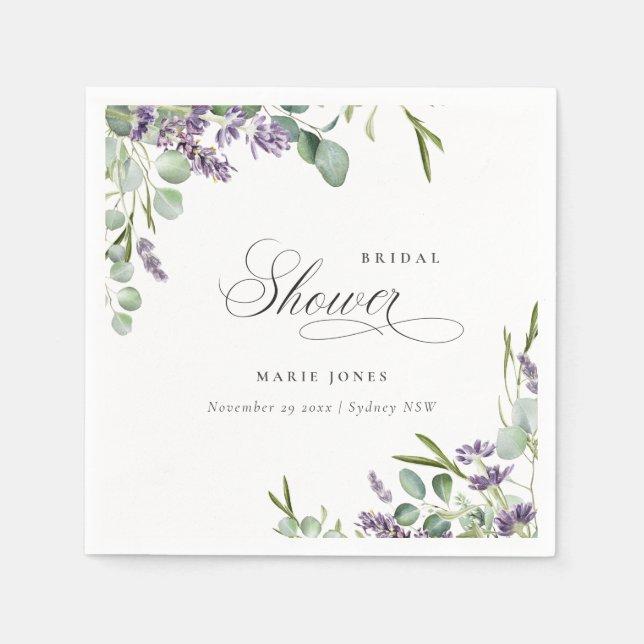 Serviette En Papier Lavande Eucalyptus Feuillage Mariage Champêtre (Devant)