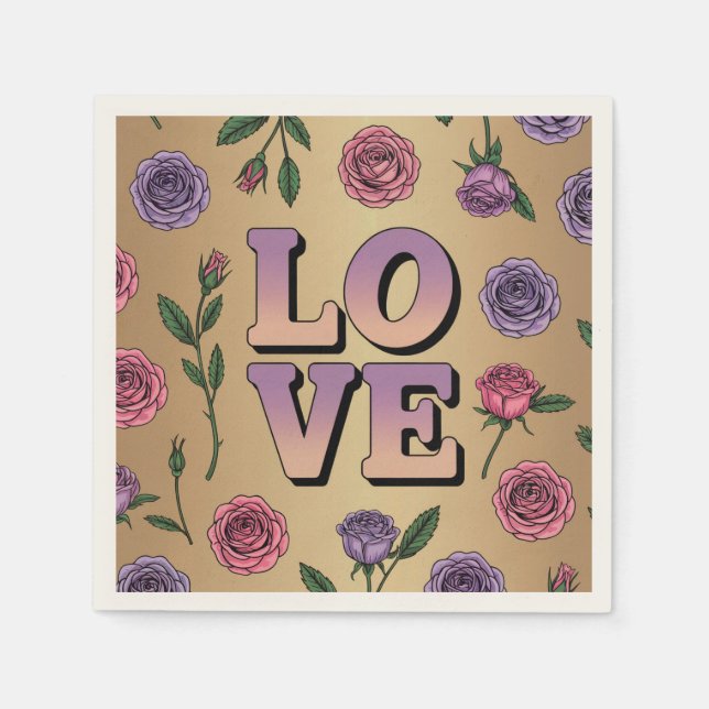 Serviette En Papier Lavender LOVE Text Gold Cocktail Napkins (Devant)