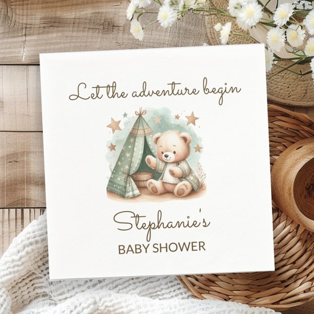 Serviette En Papier L'aventure est l'appel Baby shower de l'ours en pe (Teddy bear "Let the adventure begin" baby shower paper napkin)