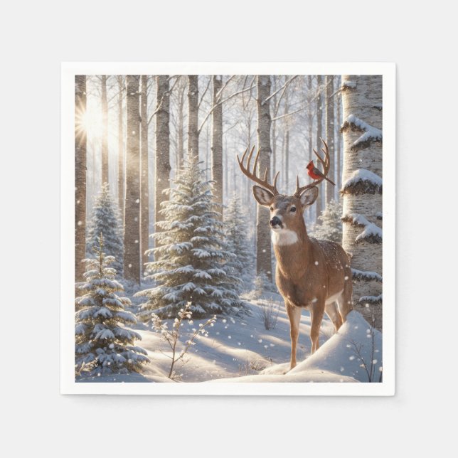 Serviette En Papier Le Cardinal Rouge perché sur les Antlers d&#x27;un cerf (Devant)