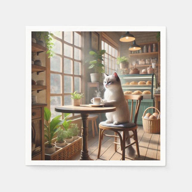 Serviette En Papier Le chat boit du café au café (Devant)