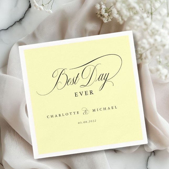 Serviette En Papier LE MEILLEUR JOUR JAMAIS ! Élégant, Mariage (Elegant, "BEST DAY EVER! " Wedding Napkin with your name and date.)