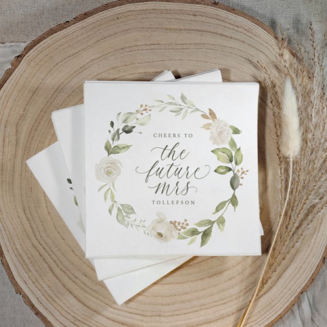 Serviette En Papier L'enterrement de vie de jeune fille La future Mme  (Elegant sage green bridal shower napkin with watercolor floral design and “cheers to the future mrs”)