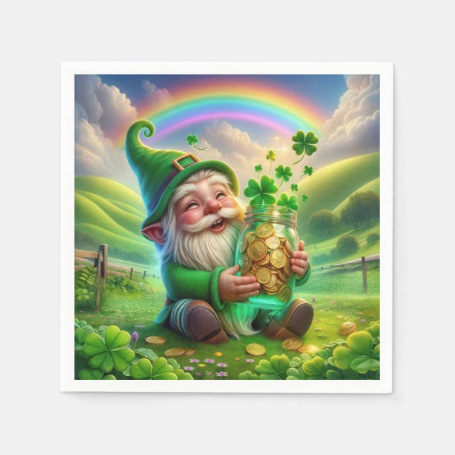 Serviette En Papier Leprechaun Irlandais Avec Pièces D'Or (Devant)