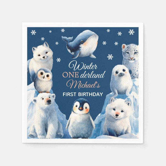 Serviette En Papier Les animaux arctiques mignons Premier anniversaire (Devant)
